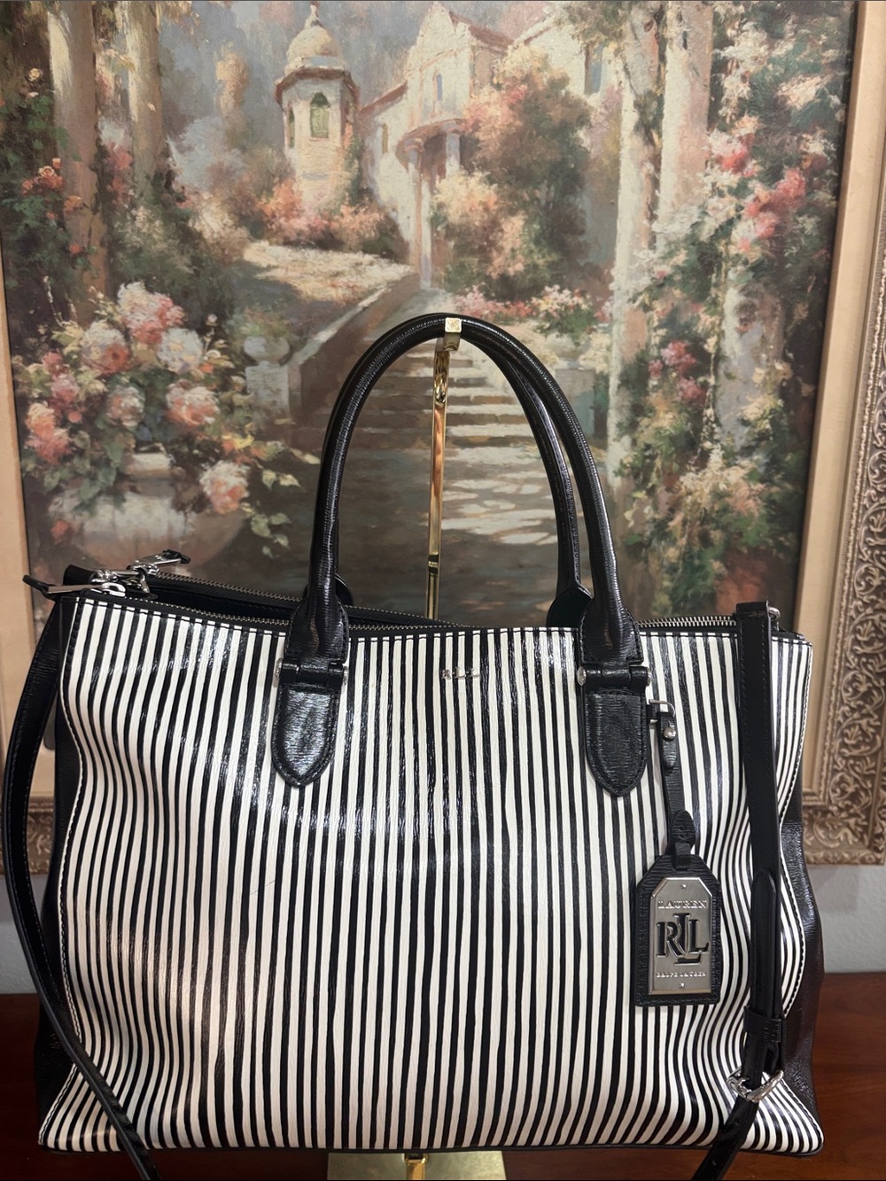 Ralph Lauren Black & White Striped Tote with Leather Trim